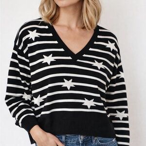 M&S Collection Star Stripe Sweater Cropped V-Neck Black White Size 16 (US 12)